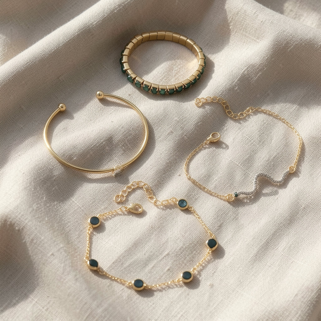 4 dalių apyrankių rinkinys smaragdo žalumo ir aukso spalvomis – Boho Luxe